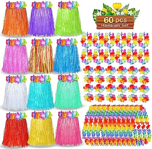 Pistroy 60 Pcs Hawaiian Luau Hula Skirt Decorations Set