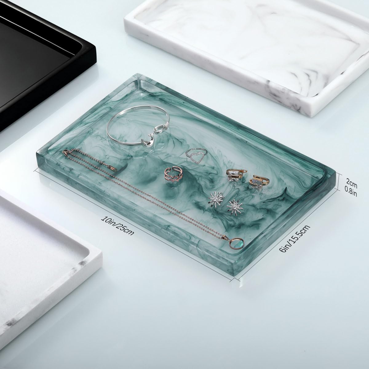 Ink Green Resin Vanity Tray with Jewelry Storage