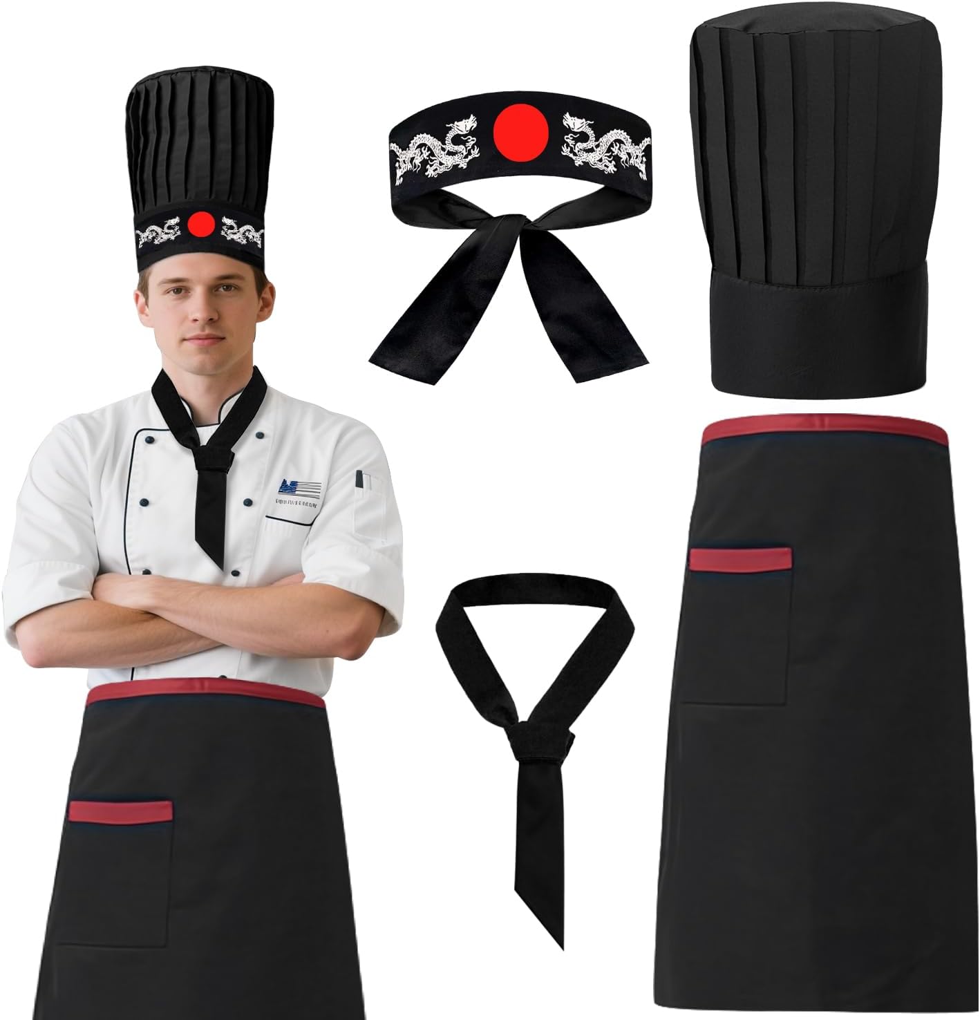 Hibachi Chef Costume Set 4PC - Hat Apron Headband Tie