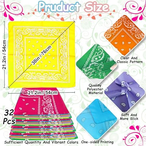 ILHSTY 32 Pcs Neon Paisley Bandanas for Men Women
