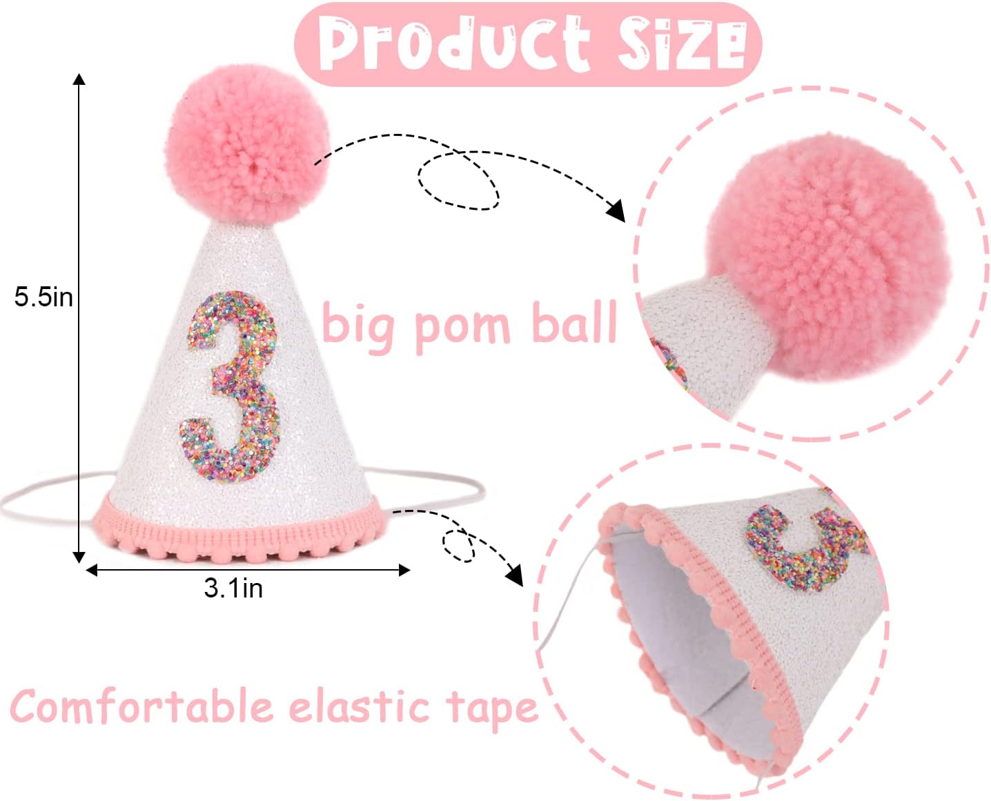 Pink Glitter Birthday Hat with Pom Toppers for Girls