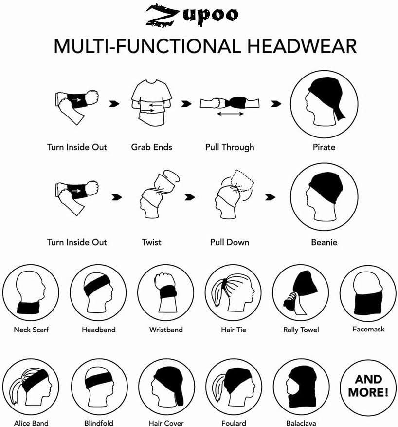 Zupro 6PCS Multi-Functional Headband Scarf Bandana for Men Women