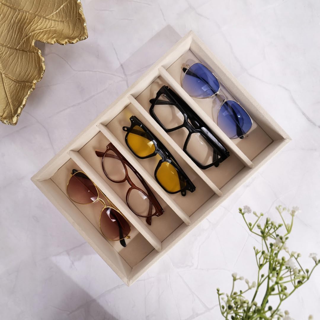 Luxury Velvet Sunglass Organizer Tray for Accessories Cream 5 Slot