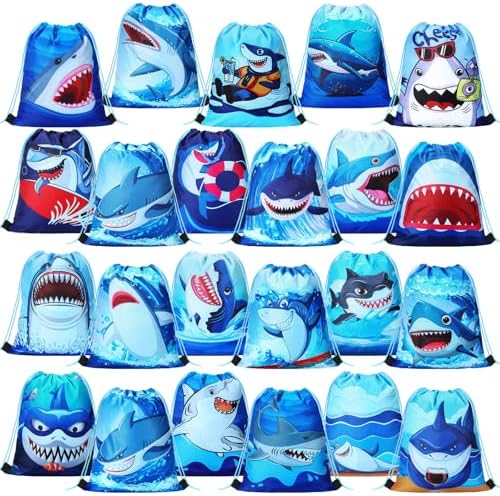 Marsui 24 Pcs Shark Drawstring Bags for Kids Summer Party