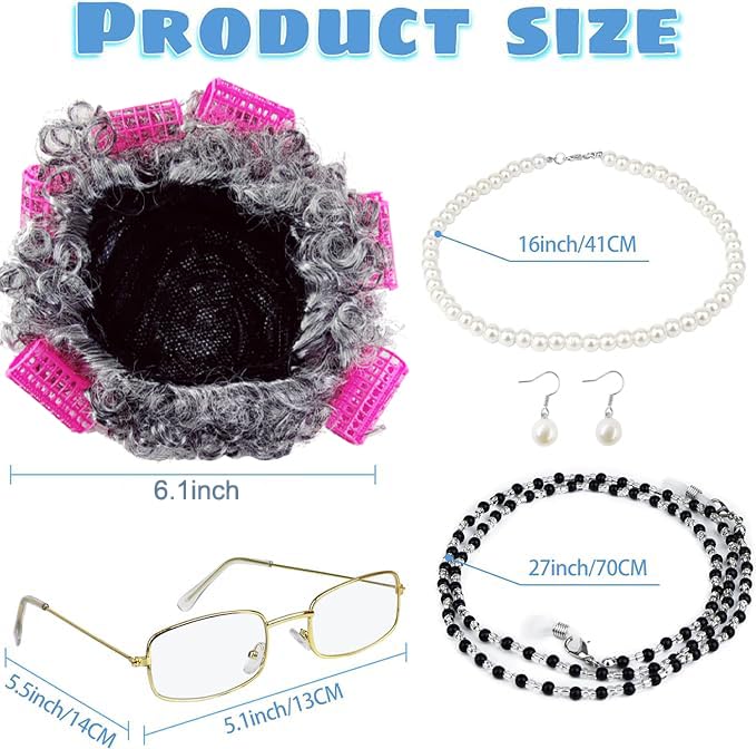 Old Lady Grandma Wig Costume Set for Women and Girls