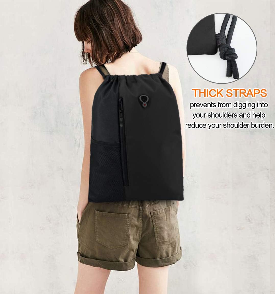 BeeGreen Drawstring Backpack Gym Bag with Shoe Compartment and Two Water Bottle Holders
