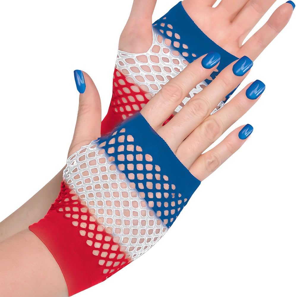 Red White Blue Fishnet Fingerless Gloves One Size Patriotic Accessory