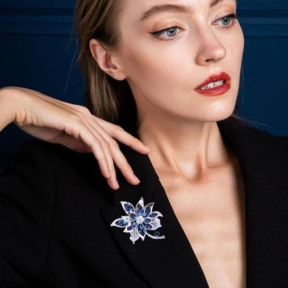 Blue Flower Brooch Pin for Women with Crystals and Rhinestones