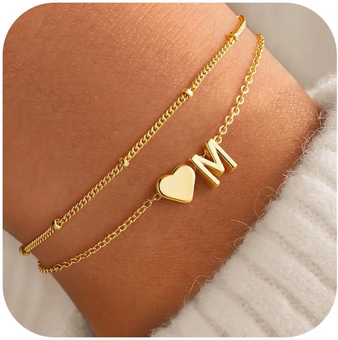 M MOOHAM Heart Gold Initial Bracelet for Women