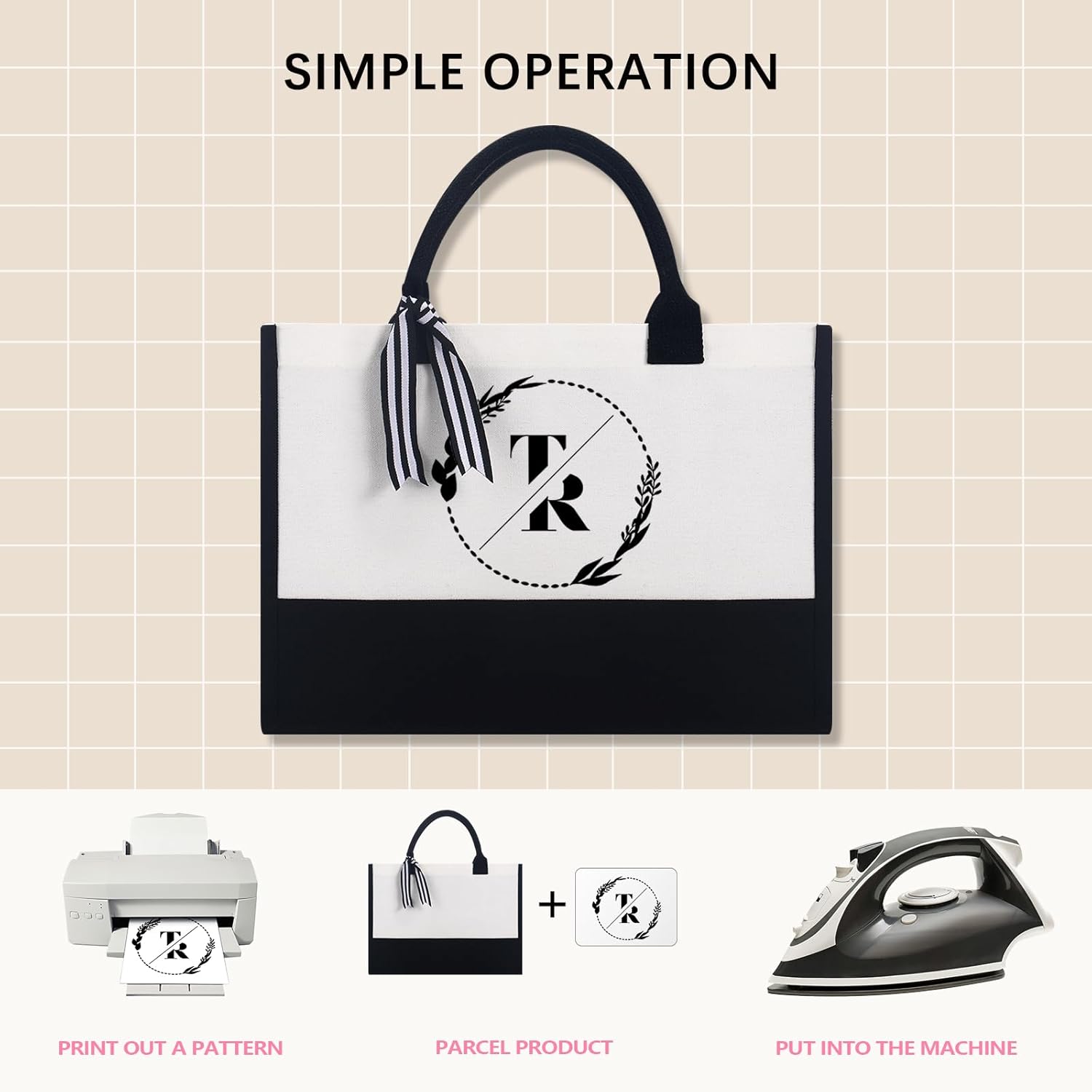 OKBA 10PCS Classic Canvas Tote Bag Black and White with Zipper Pocket
