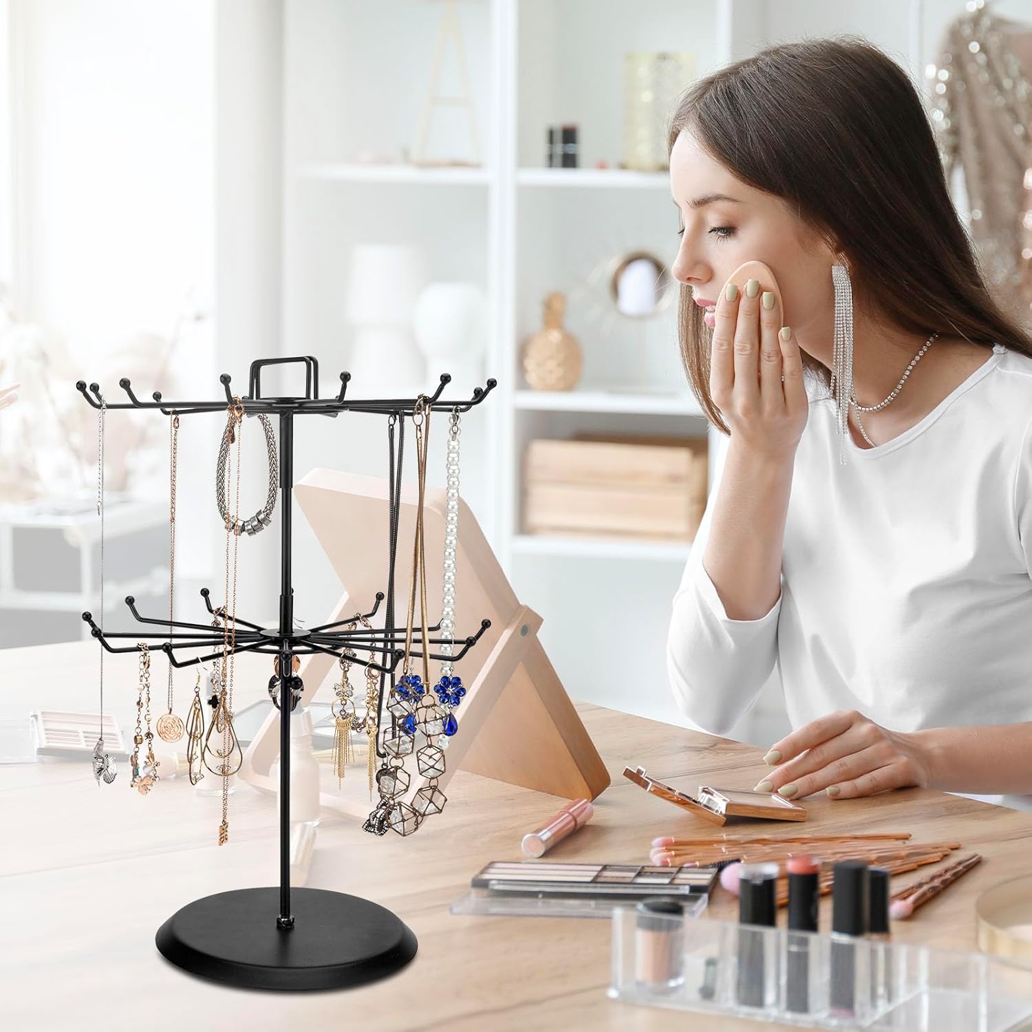 MyGift 2 Tier Rotating Jewelry Stand with 24 Hooks