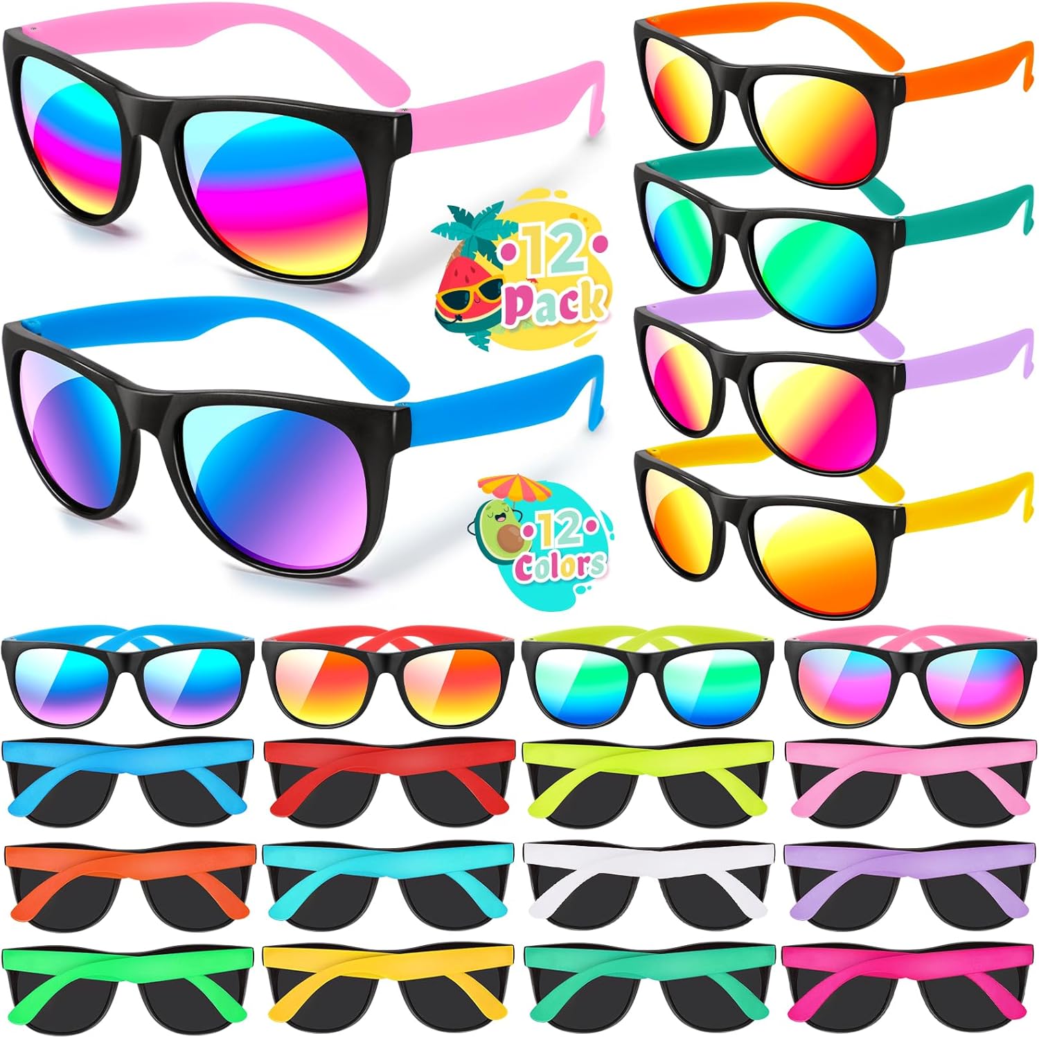 Yadiya Kids Sunglasses - 12PCS Bulk Retro Neon Party Favors