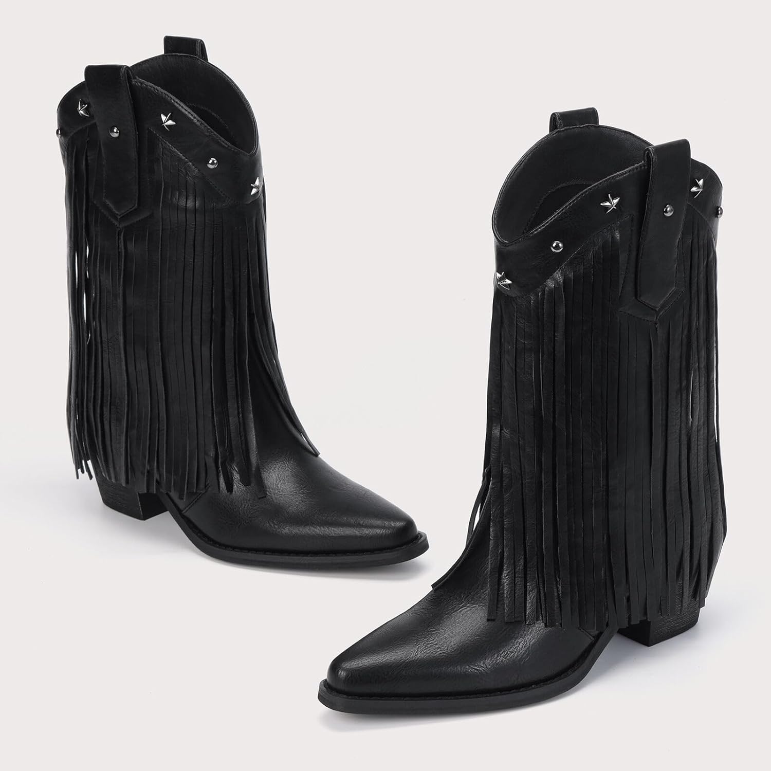 Fringe Cowboy Boots for Women - Star Studded Mid Calf Boots