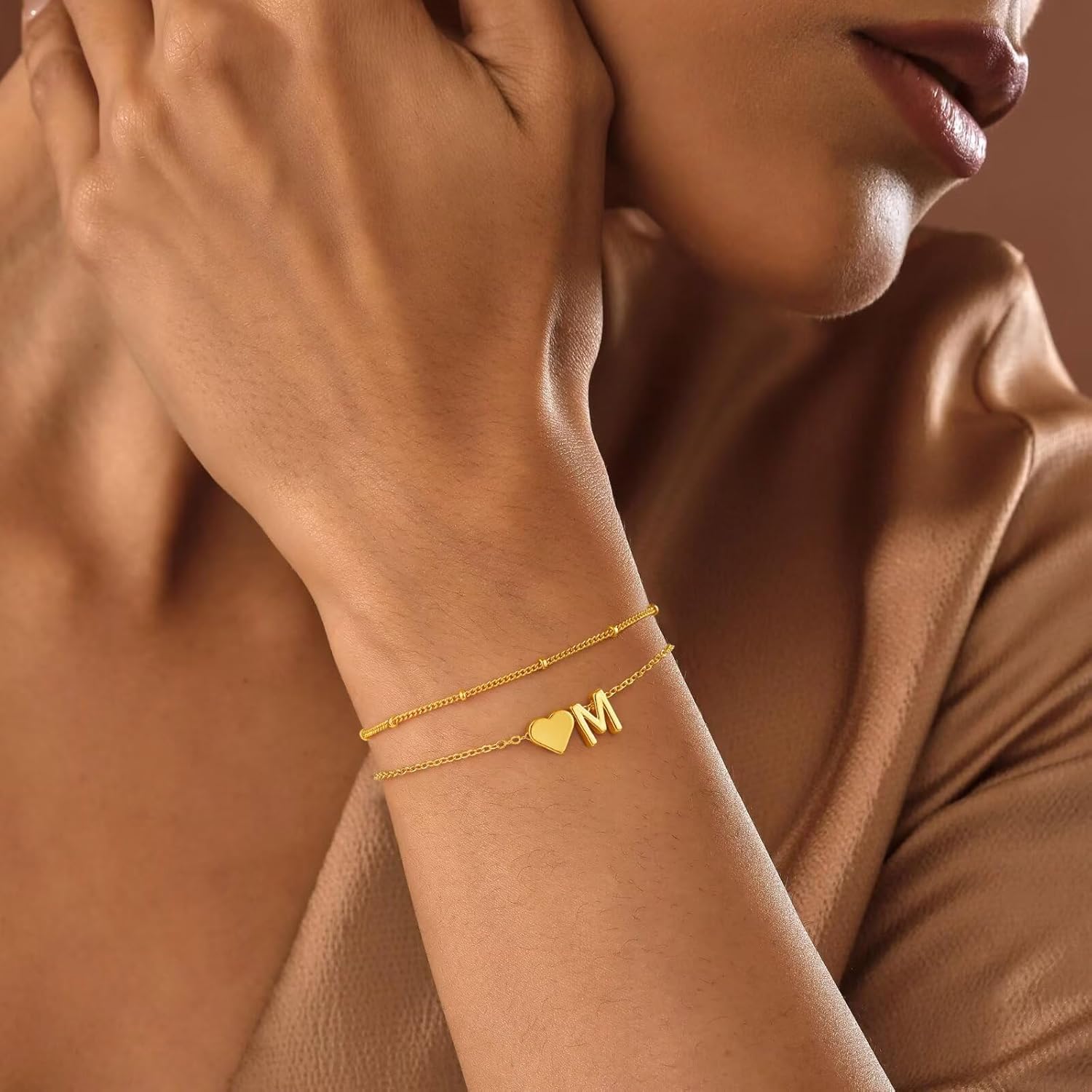M MOOHAM Heart Gold Initial Bracelet for Women