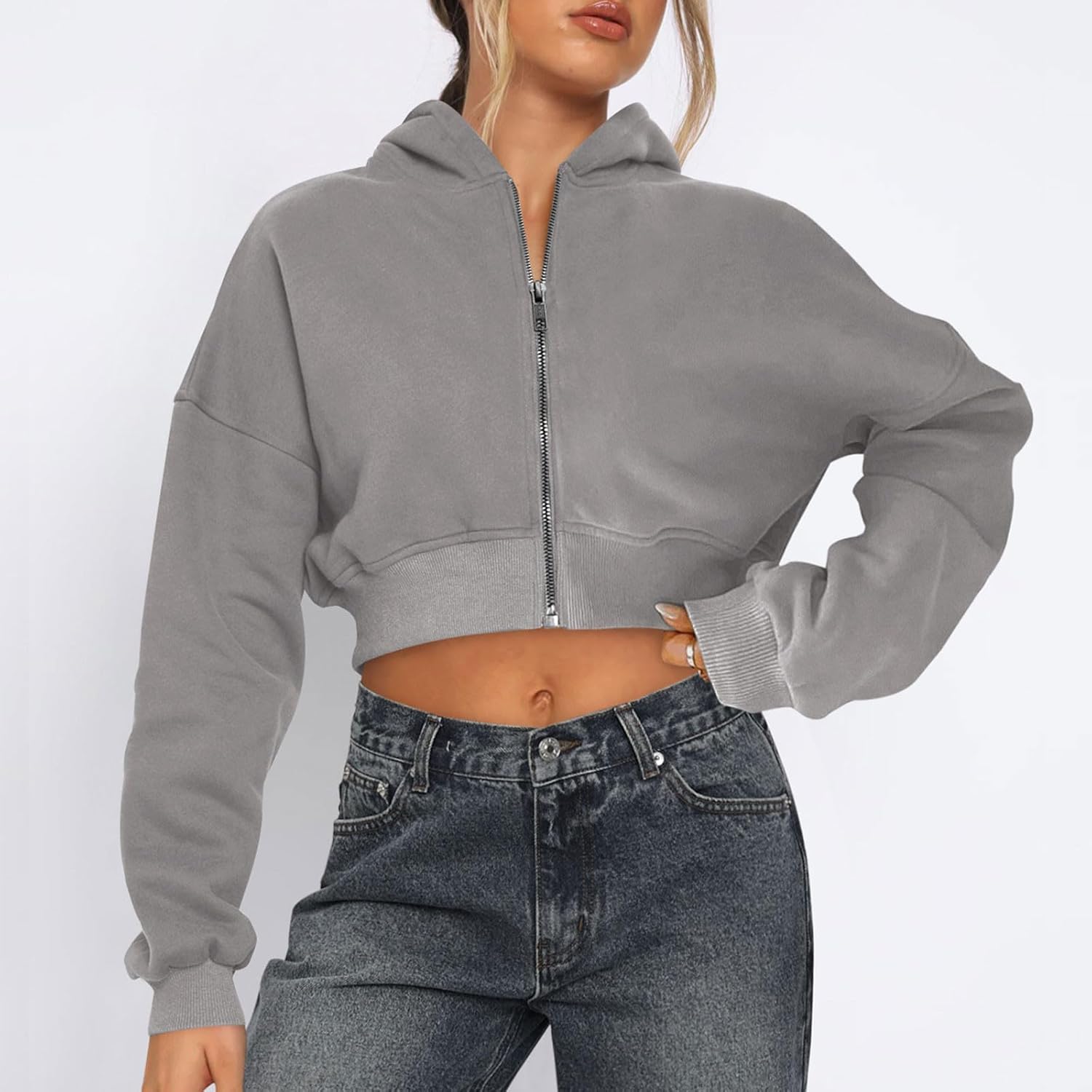 Womens Solid Cropped Hoodie Sweatshirt 2024 Fall Winter Warm Zip Up