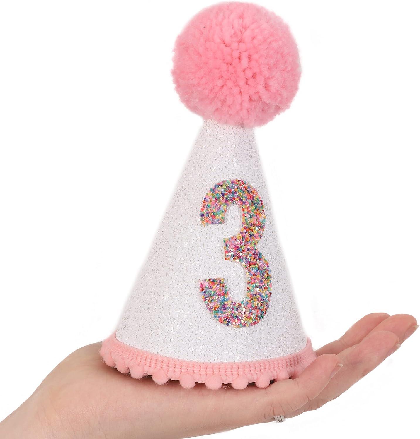 Pink Glitter Birthday Hat with Pom Toppers for Girls
