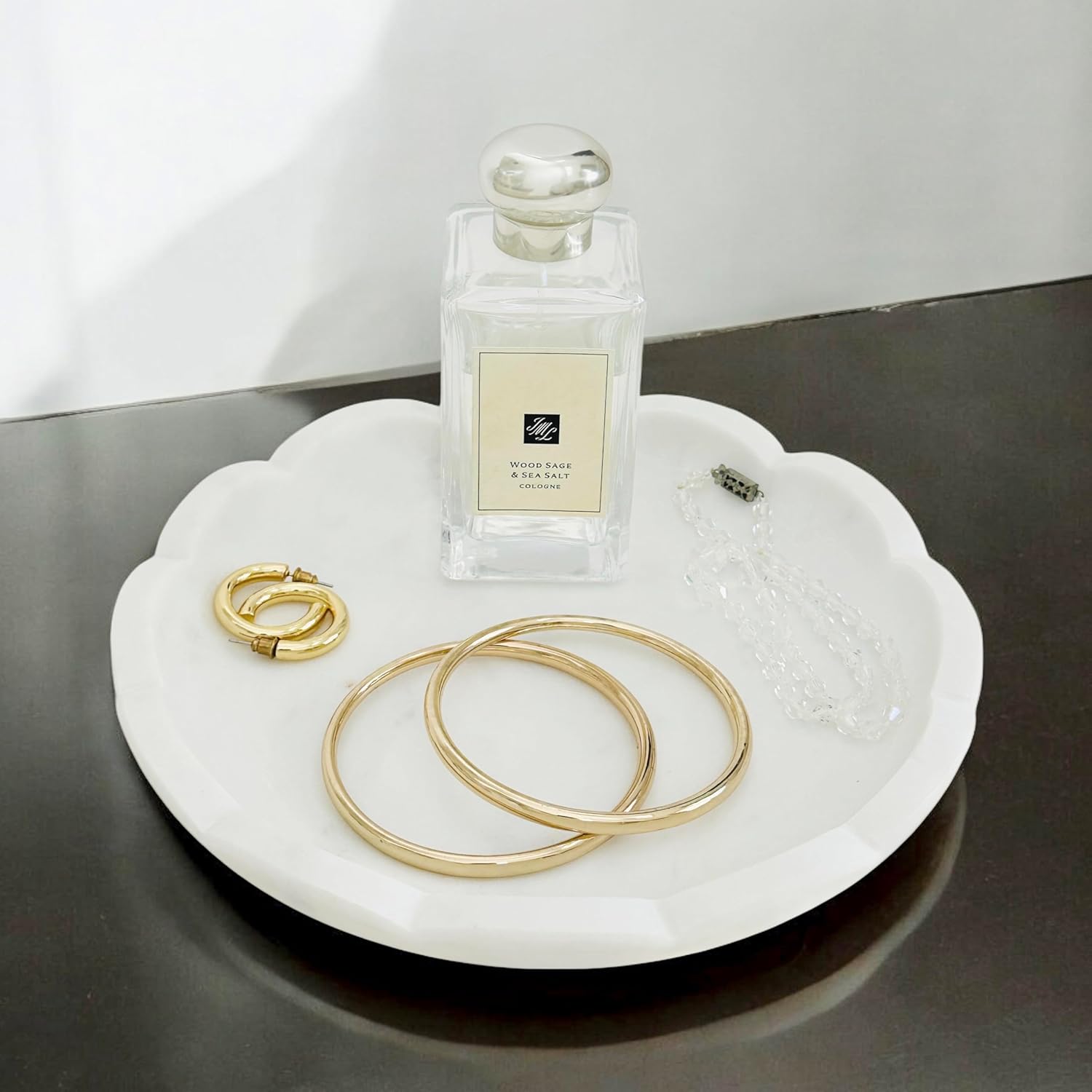 Scalloped White Marble Jewelry Tray with Soap Dish Use