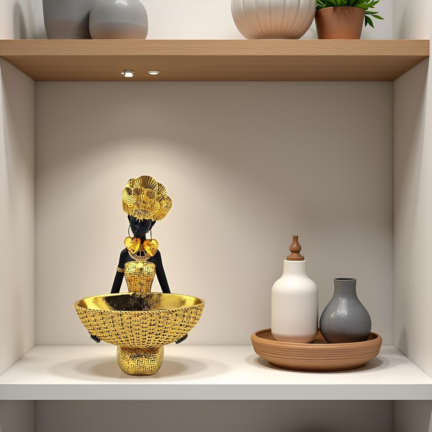 African Tribal Lady Sculpture Tray - Gold