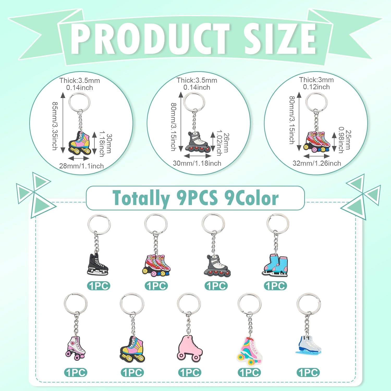9Pcs Ice Skate Keychains for Backpack Car Keys Party Favors Gifts