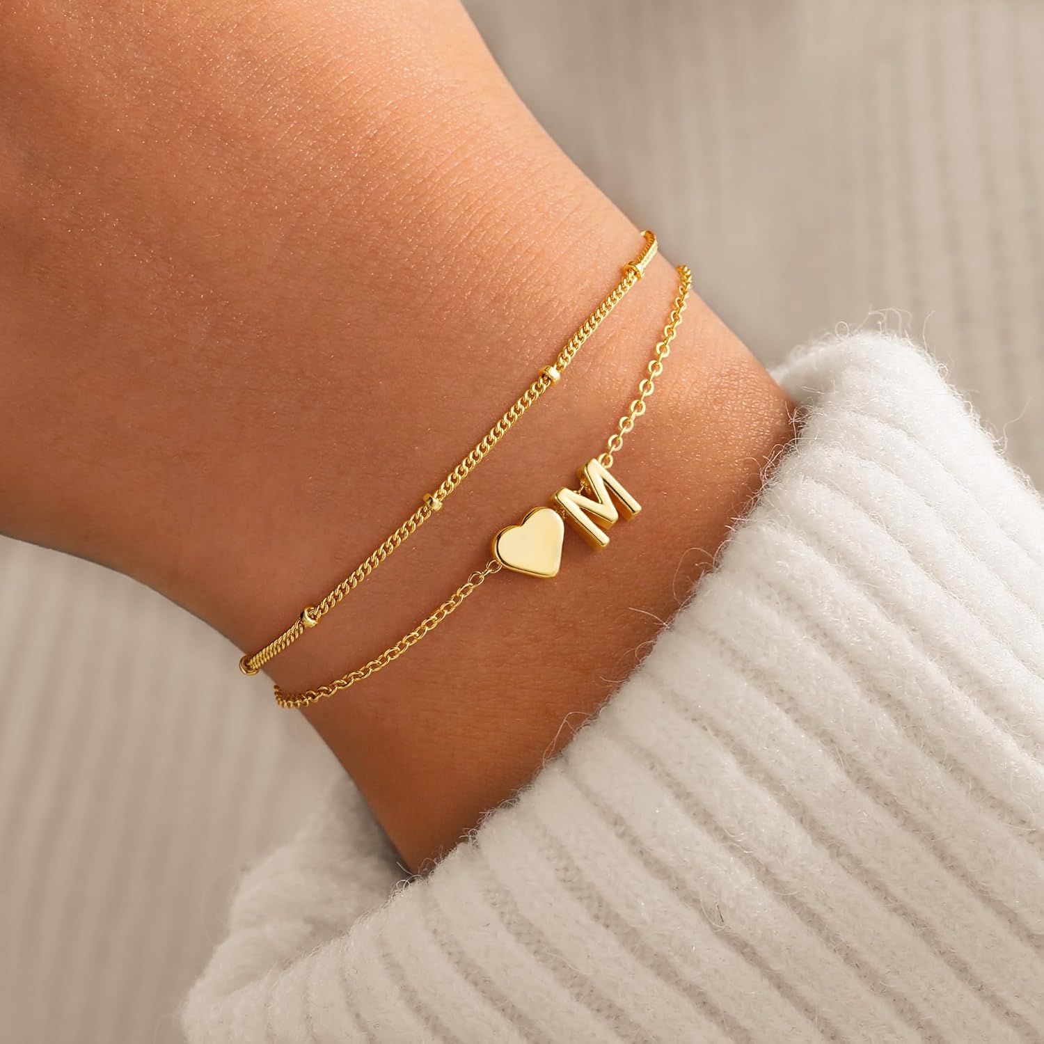 M MOOHAM Heart Gold Initial Bracelet for Women