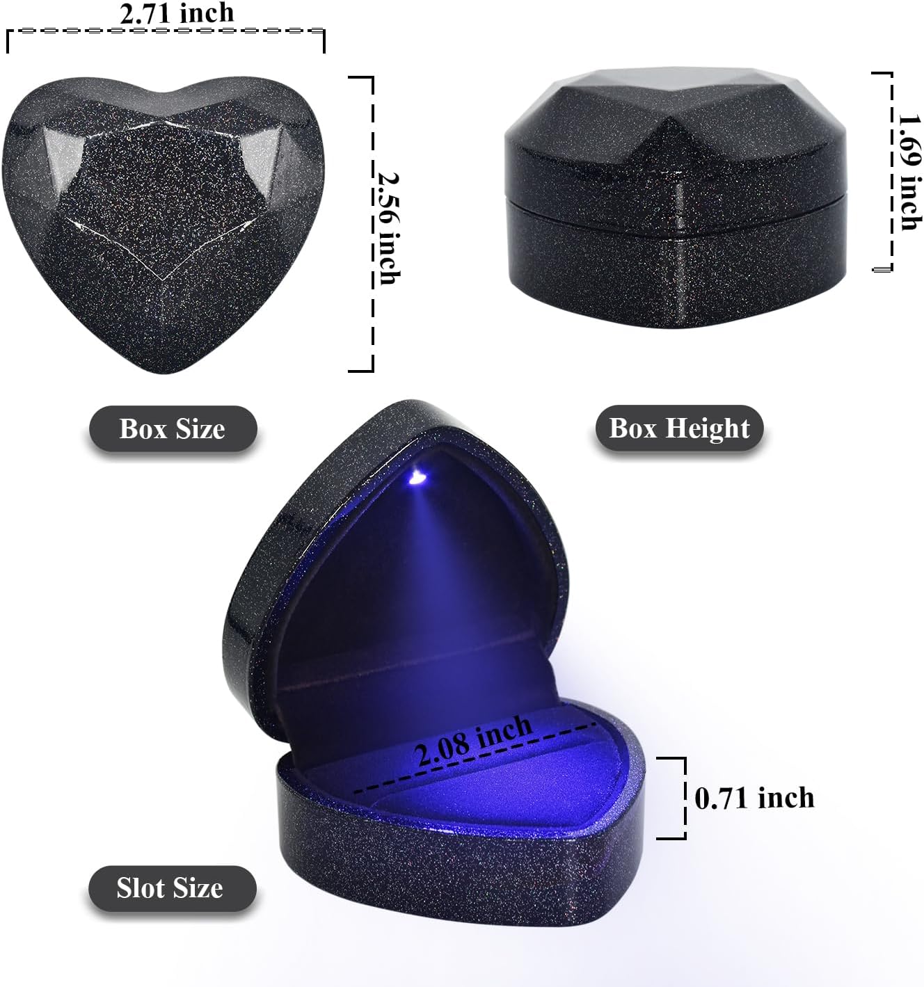 Luxury LED Lighted Engagement Ring Box Heart Shaped Elegant Starry Sky Display Case