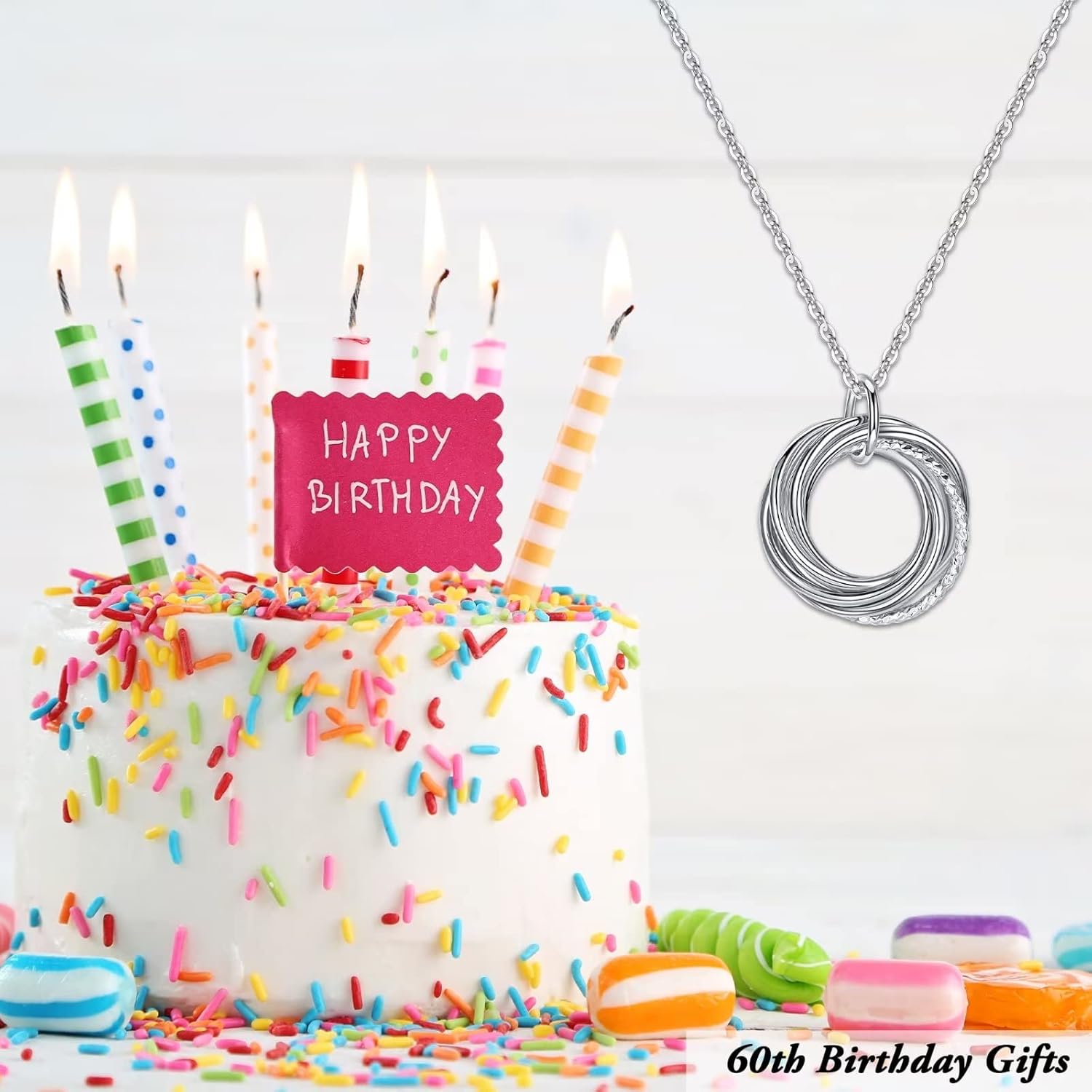 60th Birthday Necklace for Women Sterling Silver Chain Circles