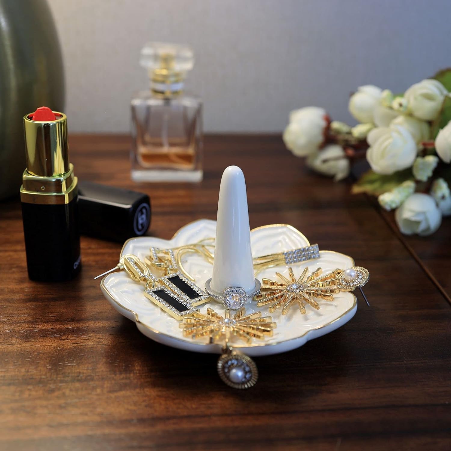 Ceramic White Mandala Jewelry Holder for Women