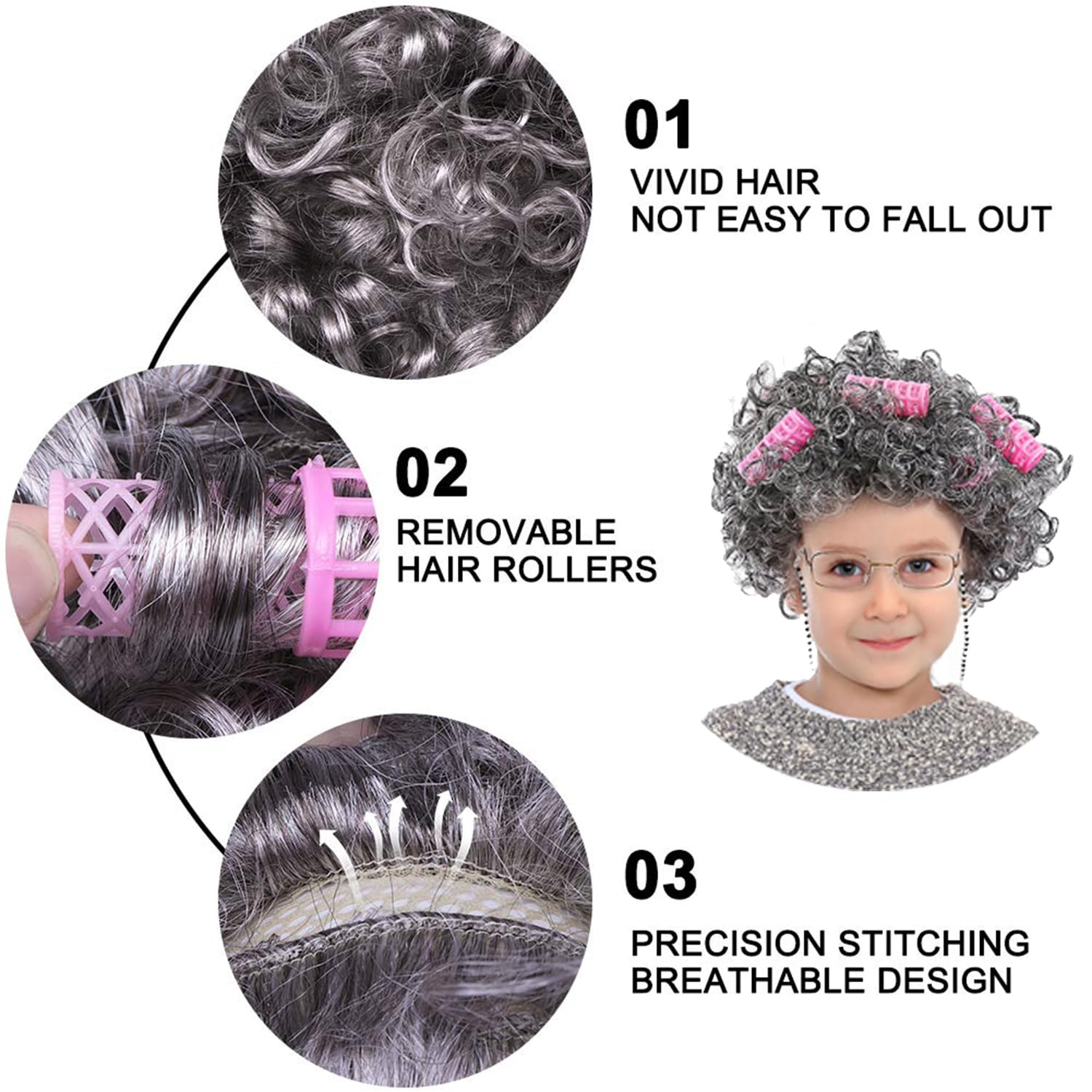 Old Lady Grandma Wig Costume Set for Women and Girls