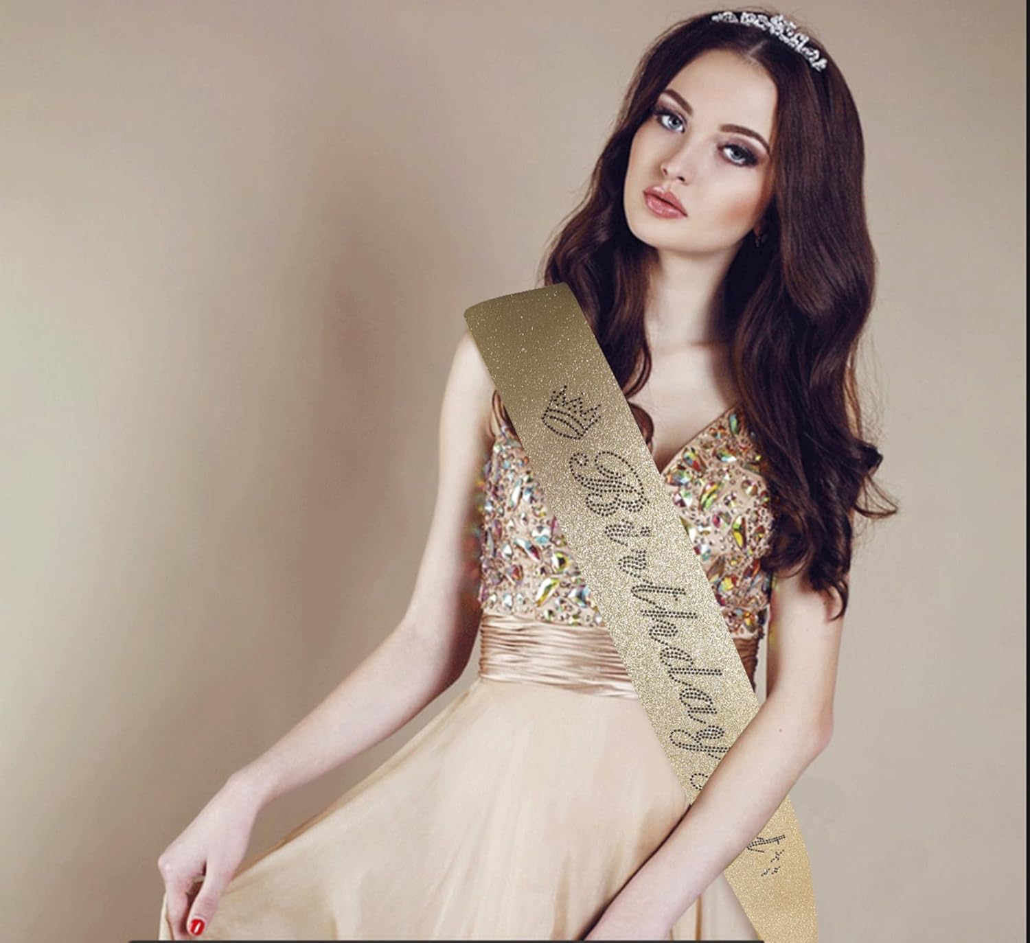 Birthday Girl Sash for Women with Gold Glitter and Black Rhinestone
