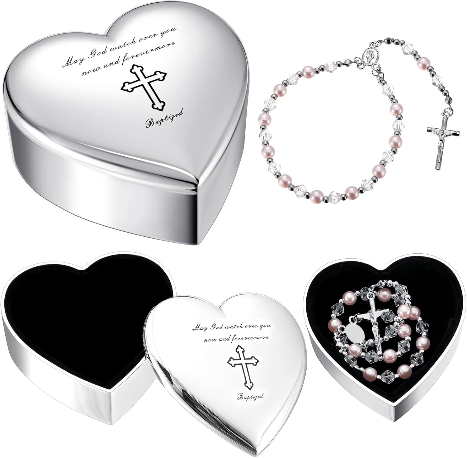 Quelay 2 Pcs Heart Jewelry Box and Baby Rosary Set