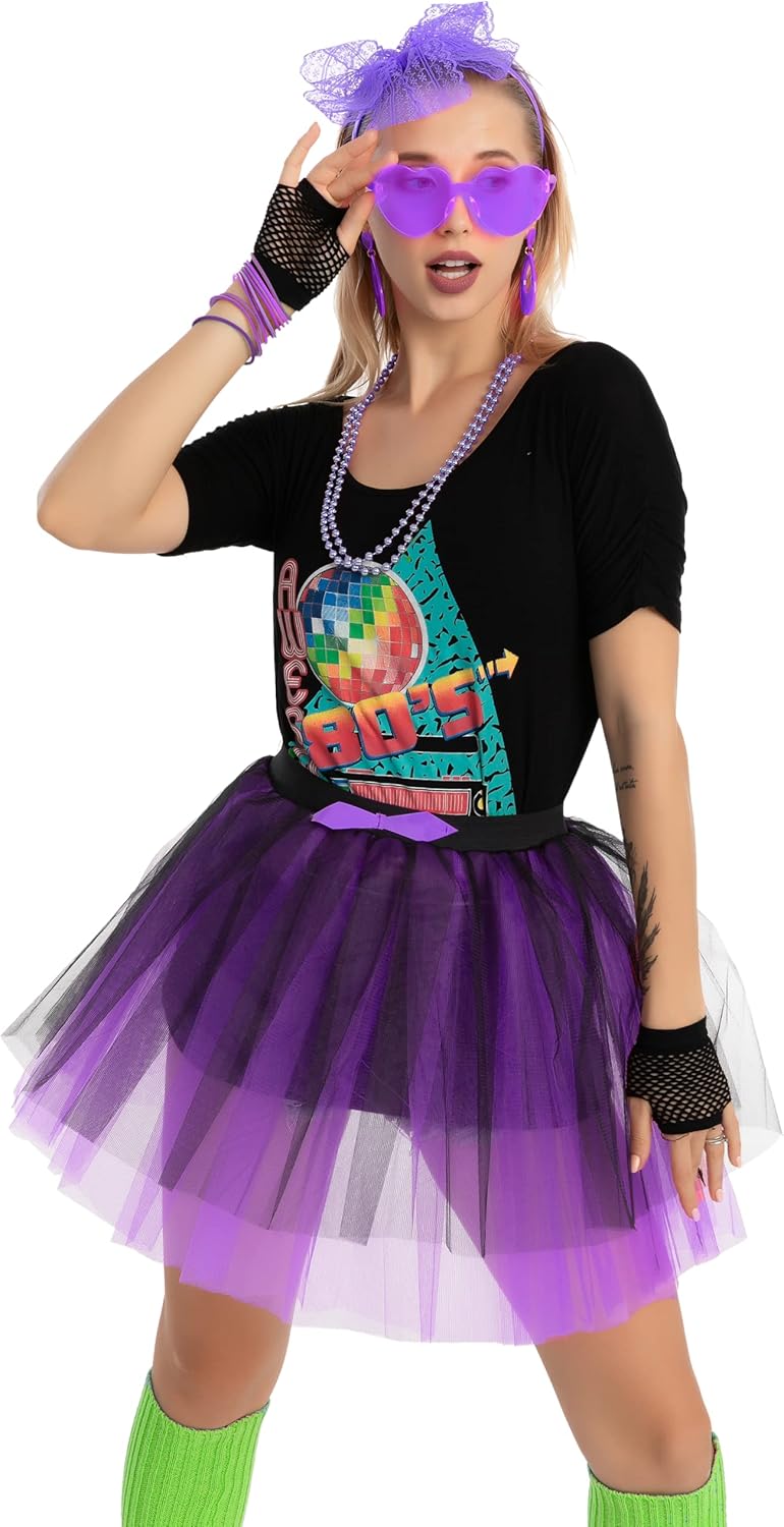 Purple 80s Costume Set with Tutu Headband and Accessories