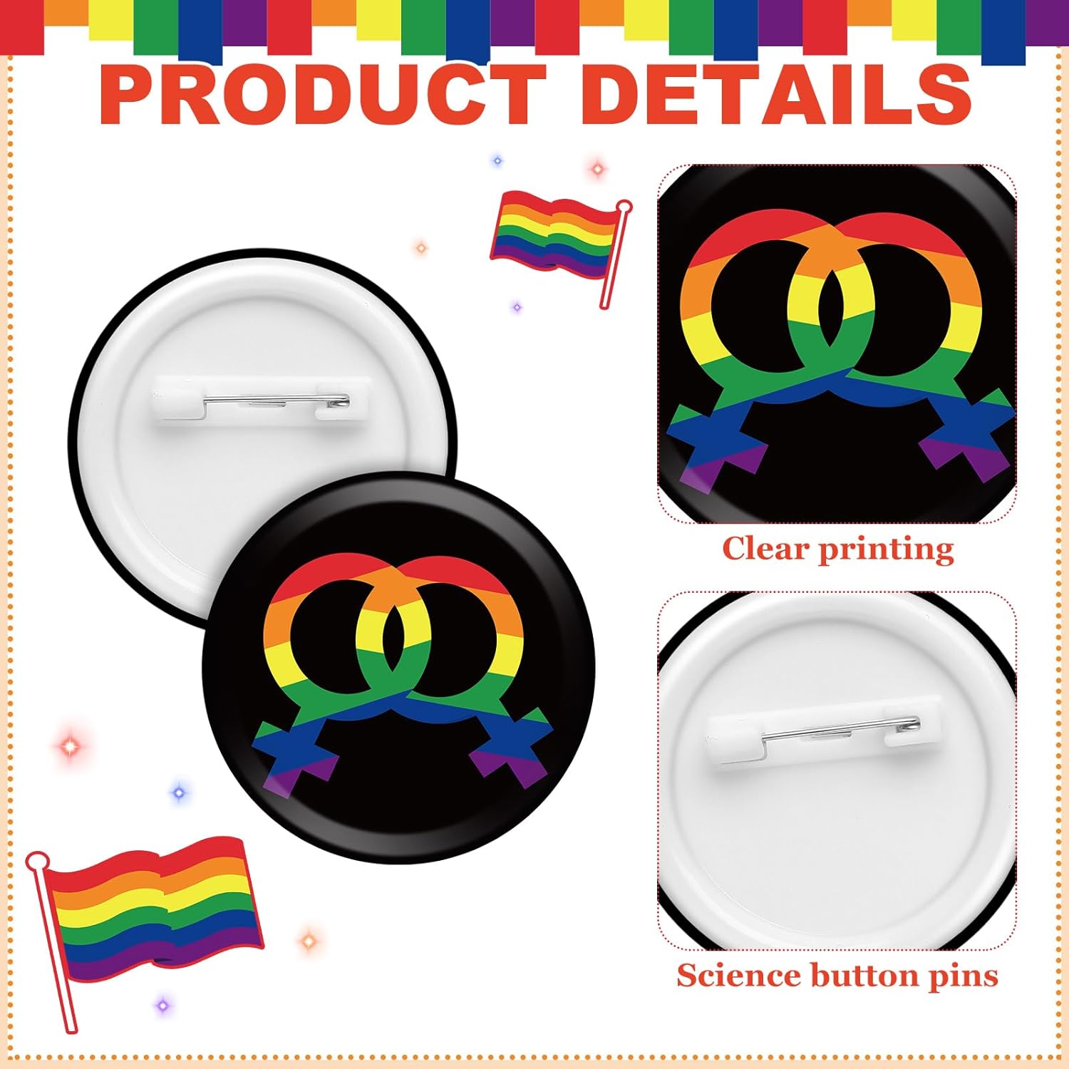 Jutom 48 Pcs Rainbow Pride Day Buttons Pin Set