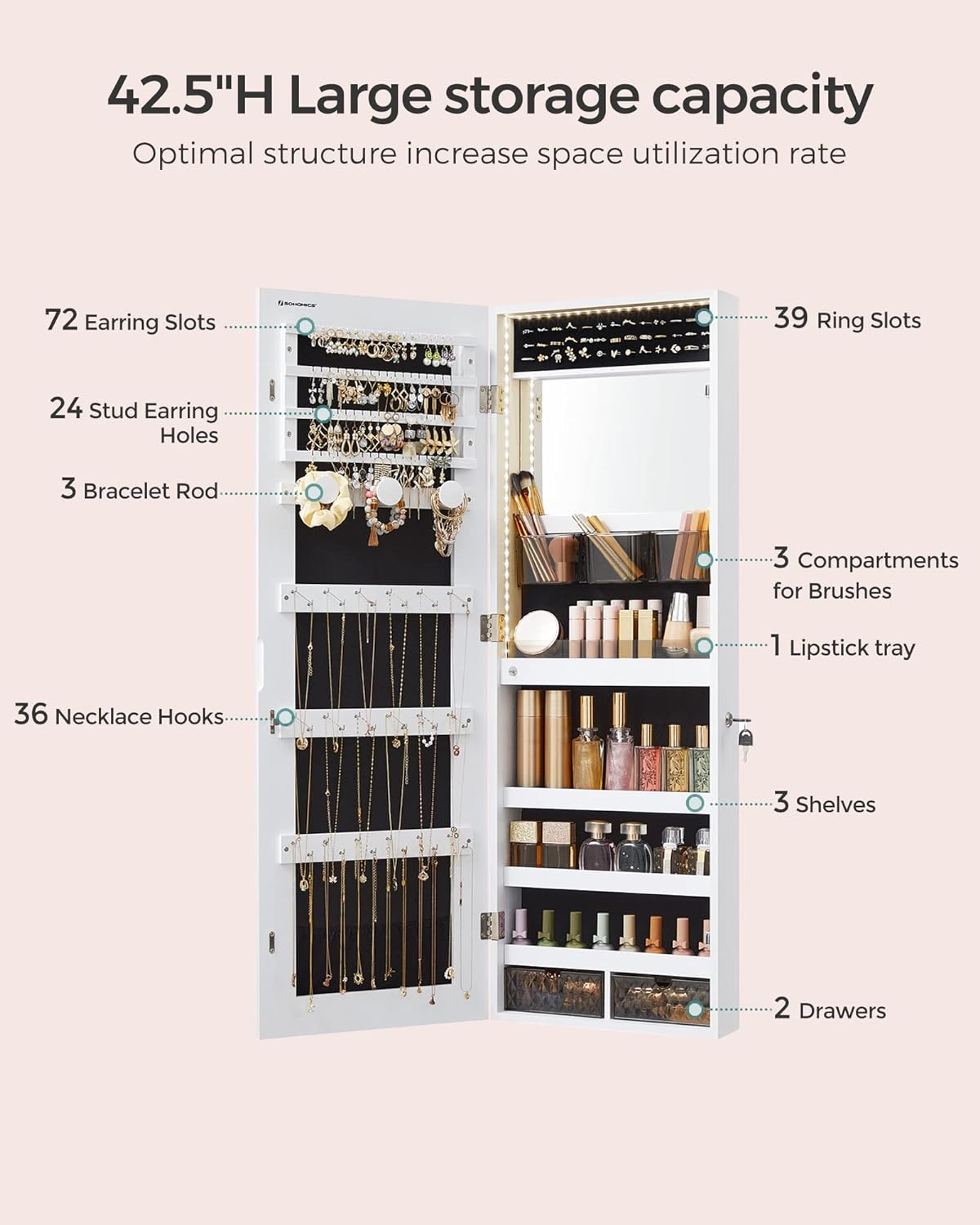 SONGMICS Jewelry Armoire with Lighted Mirror and 2 Drawers