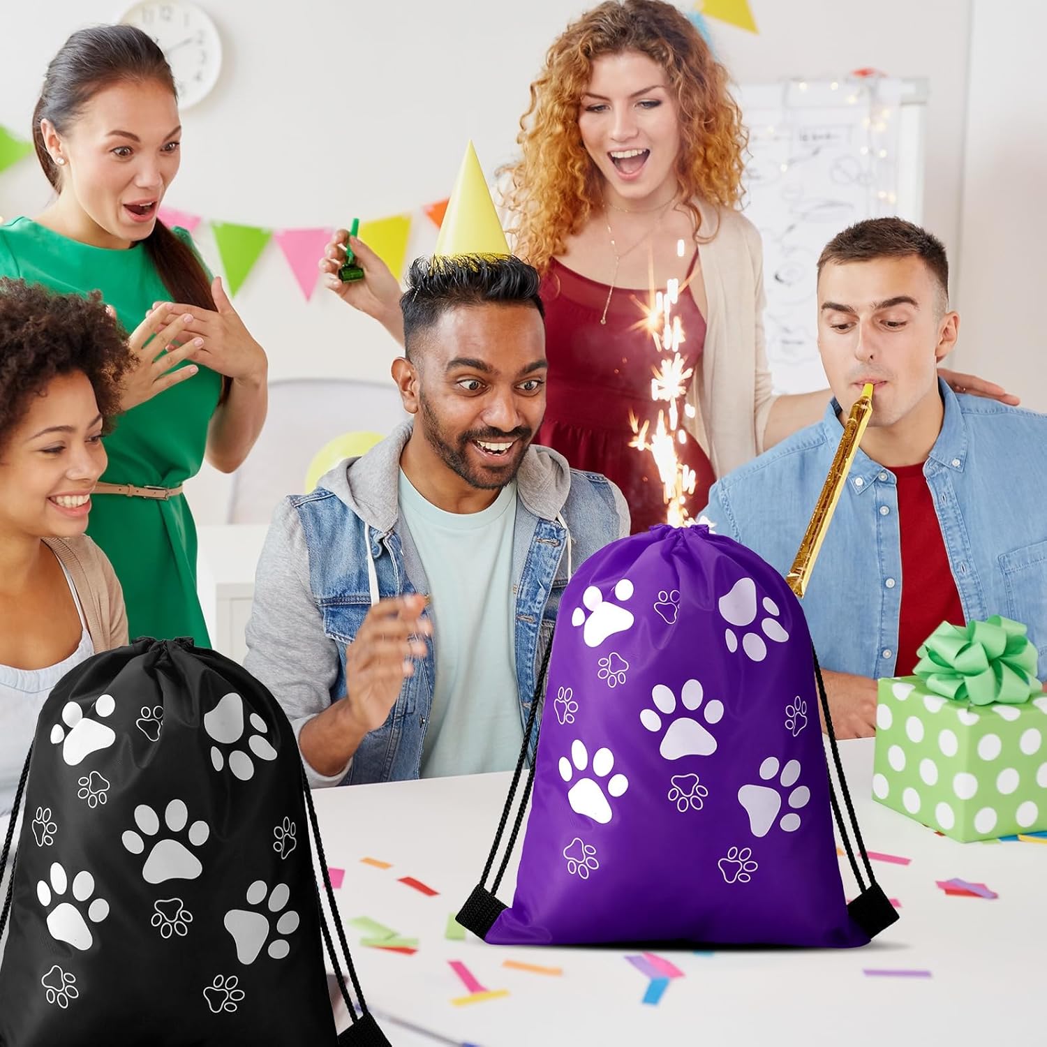Weewooday 16 Pcs Paw Print Drawstring Backpack Bags