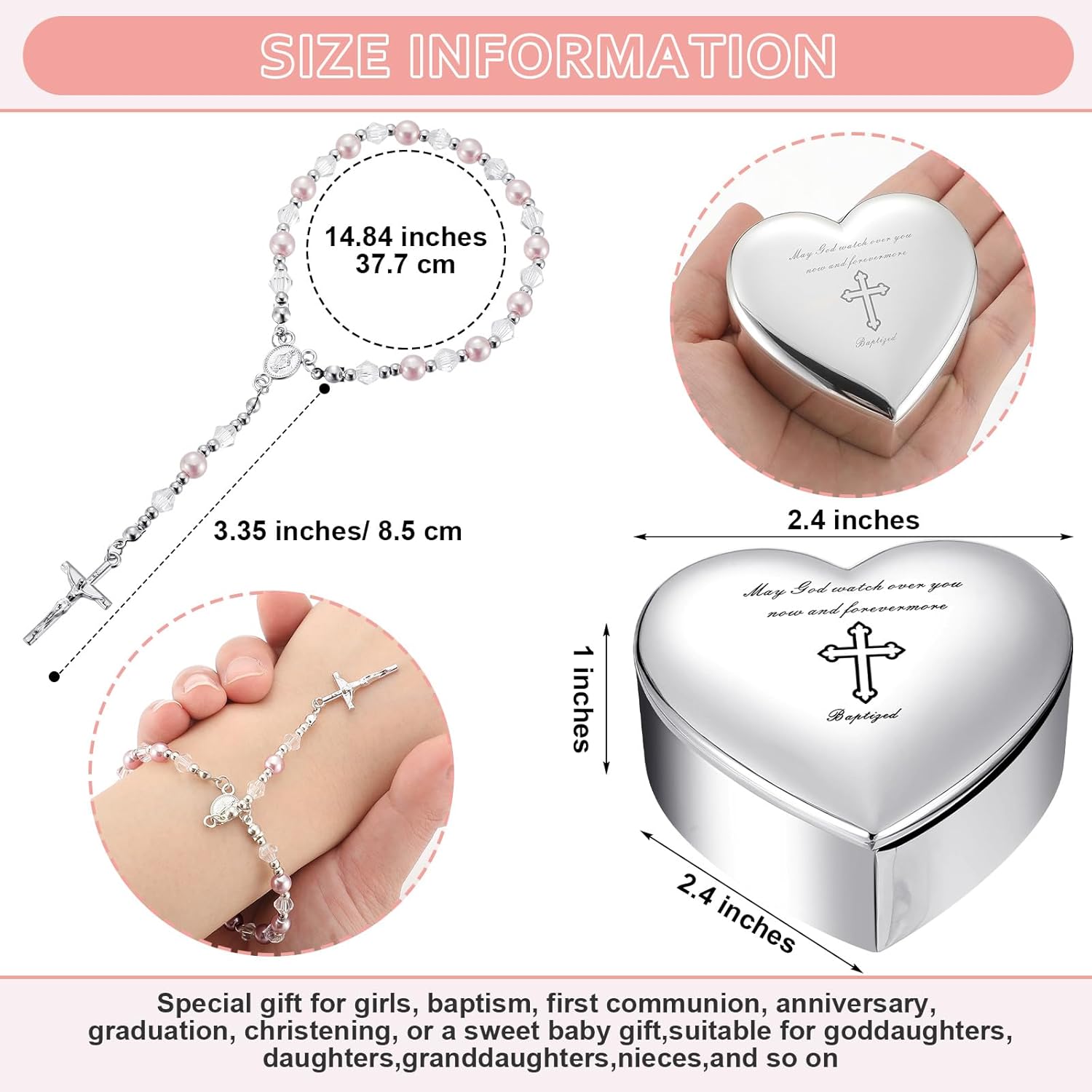 Quelay 2 Pcs Heart Jewelry Box and Baby Rosary Set