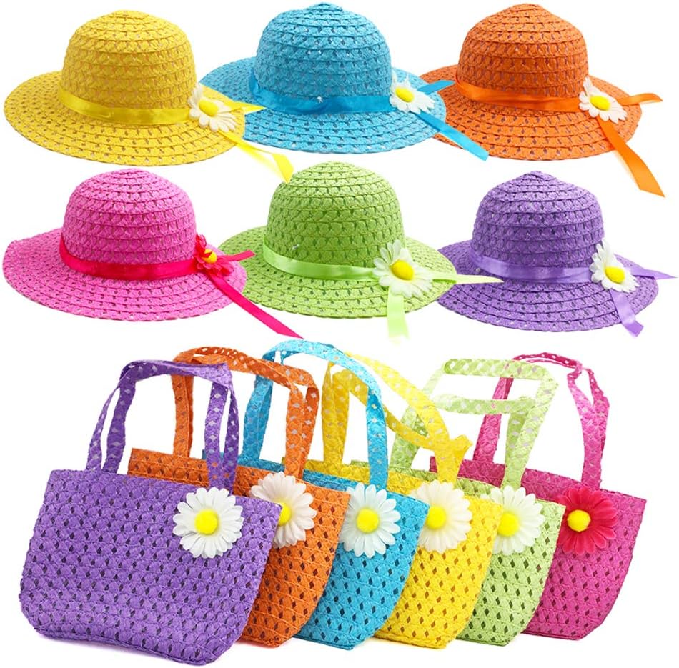 6 Sets Daisy Flower Straw Hats and Wallets for Kids Party Gift