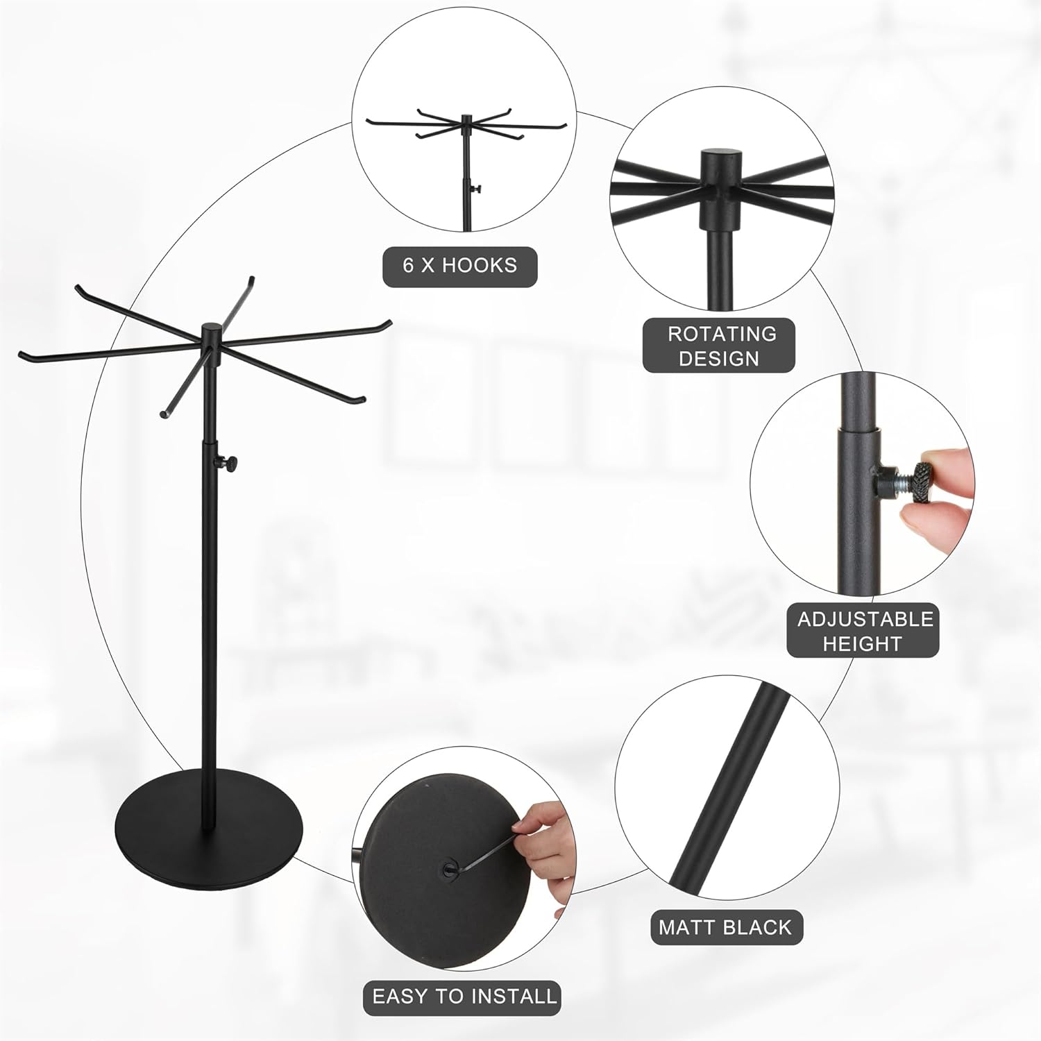 Adjustable Height Rotating Jewelry Display Stand - Matte Black 1 Pack