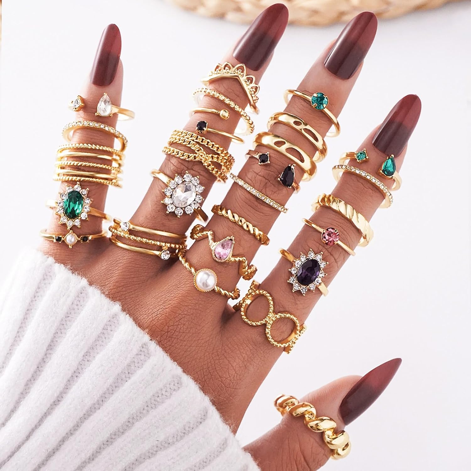 Gold Boho Sparkle Knuckle Rings Set For Women
