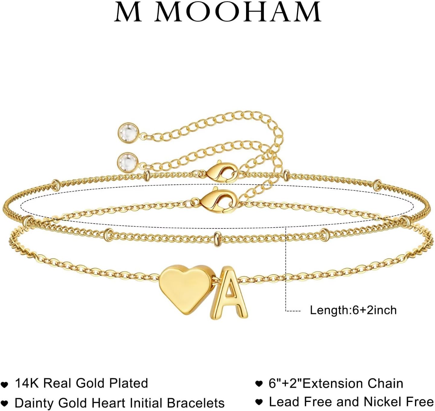 M MOOHAM Heart Gold Initial Bracelet for Women