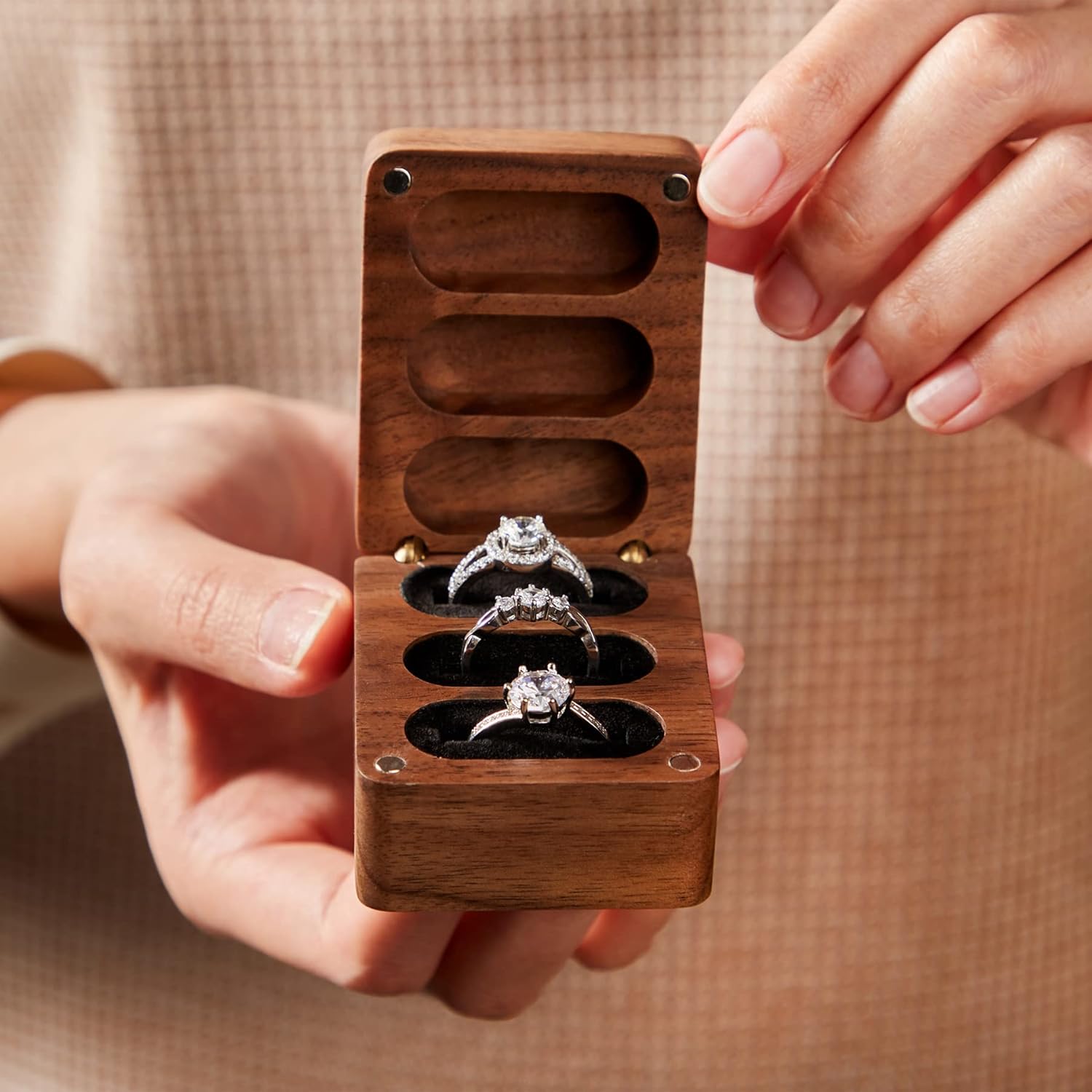 Roycraft Mr Mrs Wedding Ring Box 3 Slot Black Lining