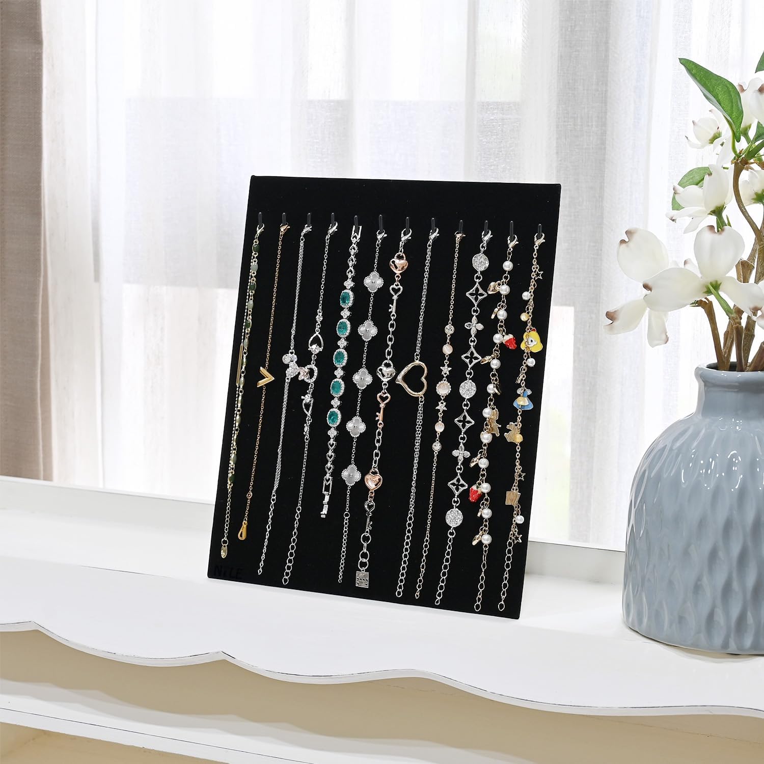 MOOCA 12-Hook Bracelet Display with Easel Stand 2 Pcs Set Black Velvet