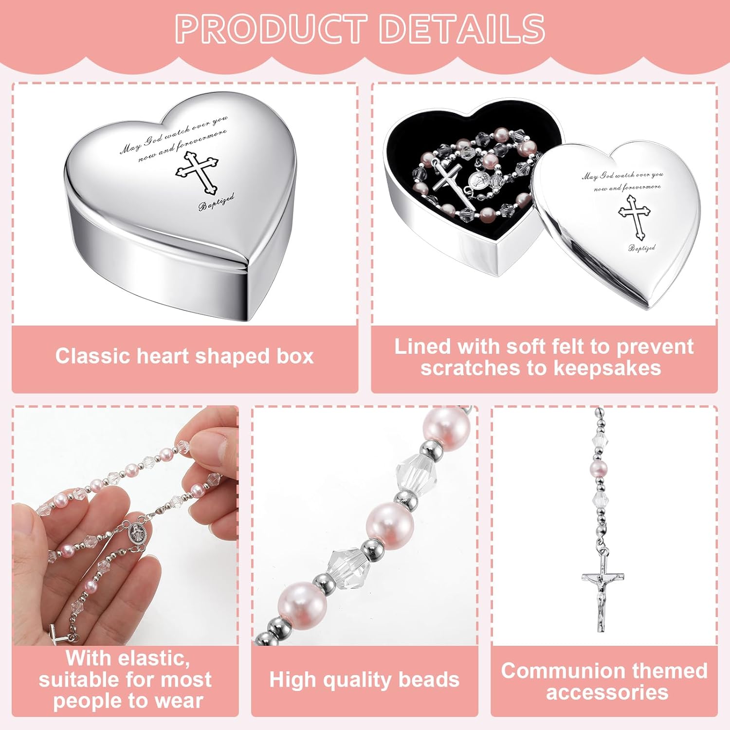 Quelay 2 Pcs Heart Jewelry Box and Baby Rosary Set