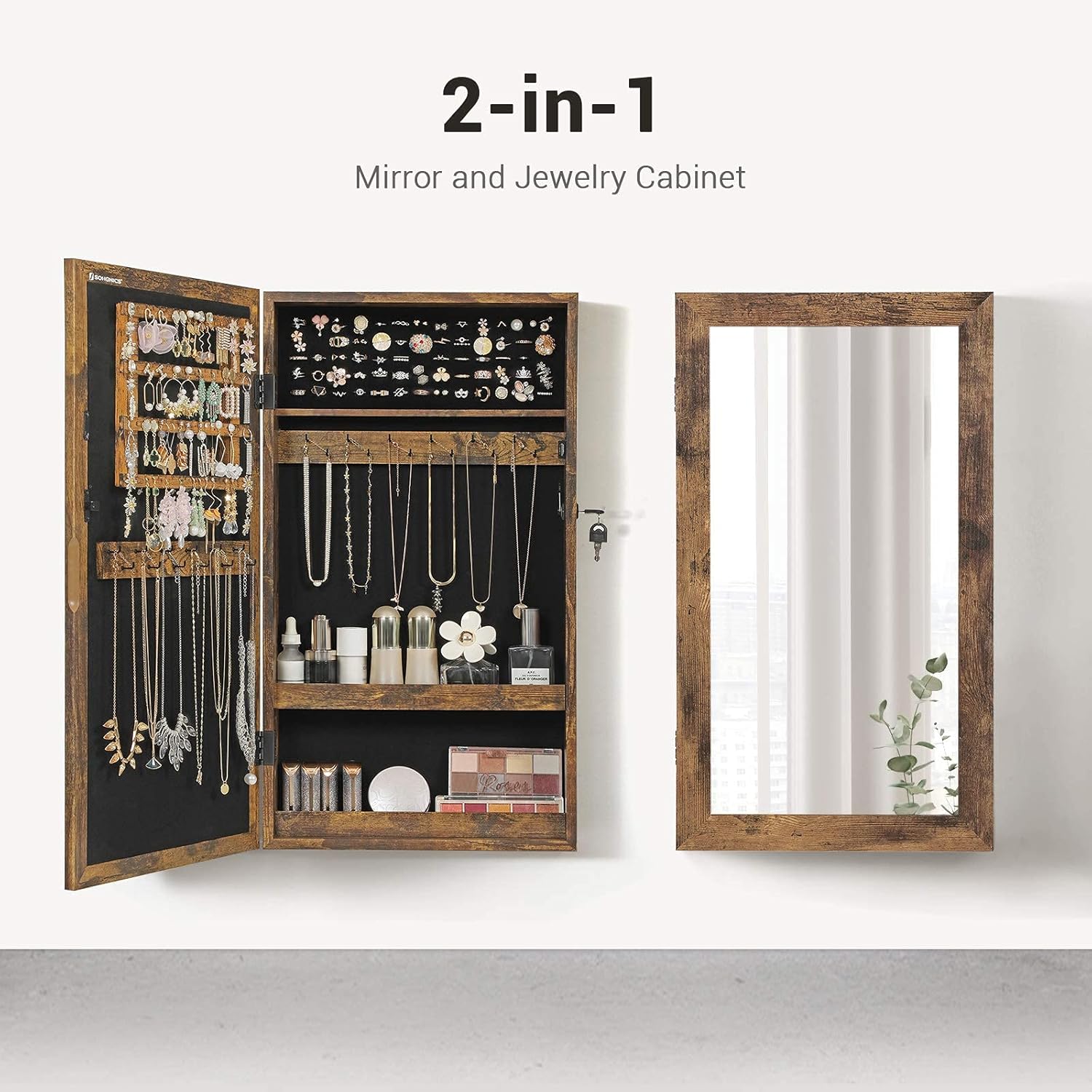 SONGMICS Lockable Jewelry Cabinet with Mirror UJJC051K01