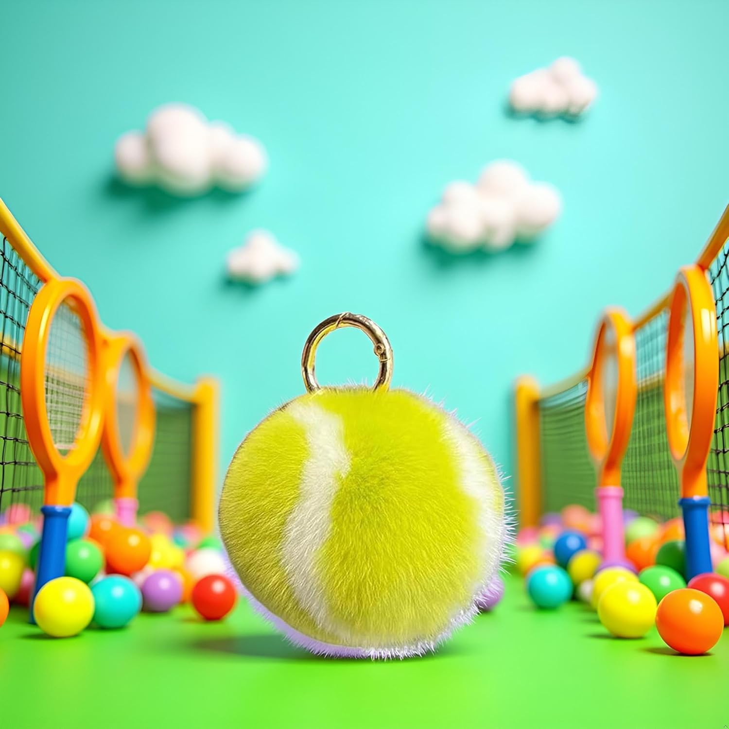 Fluffy Tennis Ball Keychain - Soft Plush Key Ring Accessory