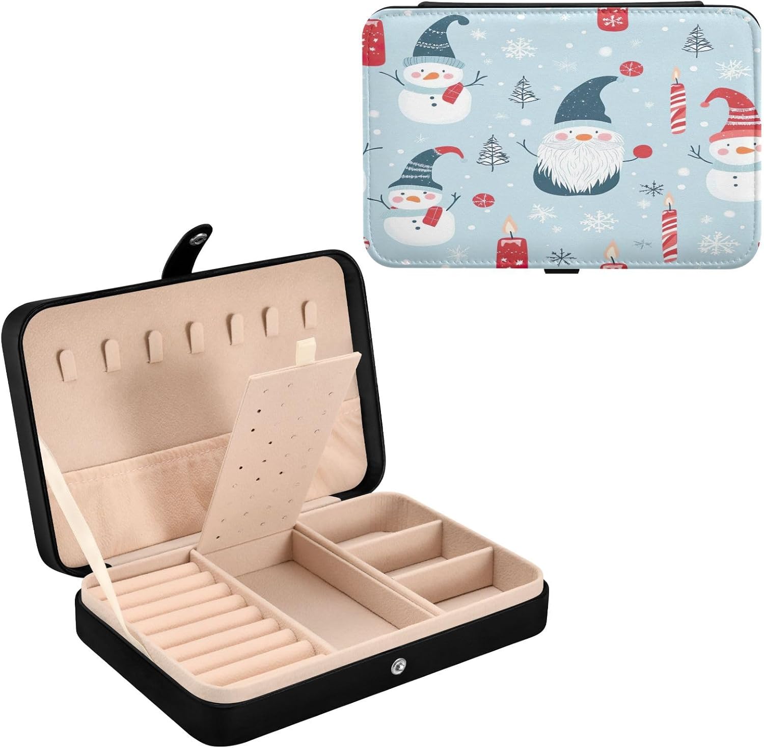 Snowman and Candle Jewelry Box PU Leather Travel Organizer