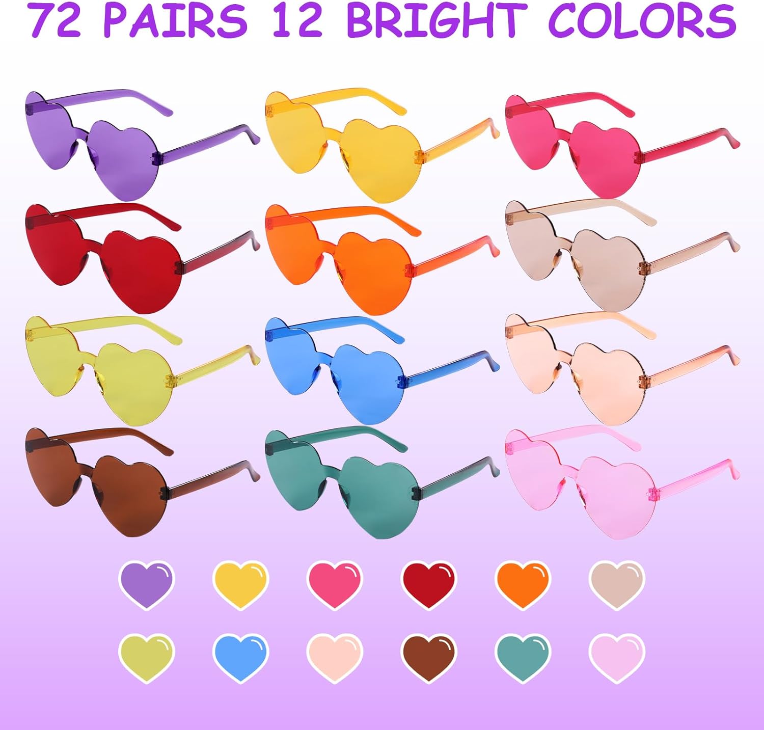72 Pairs Heart Shaped Sunglasses in Candy Colors