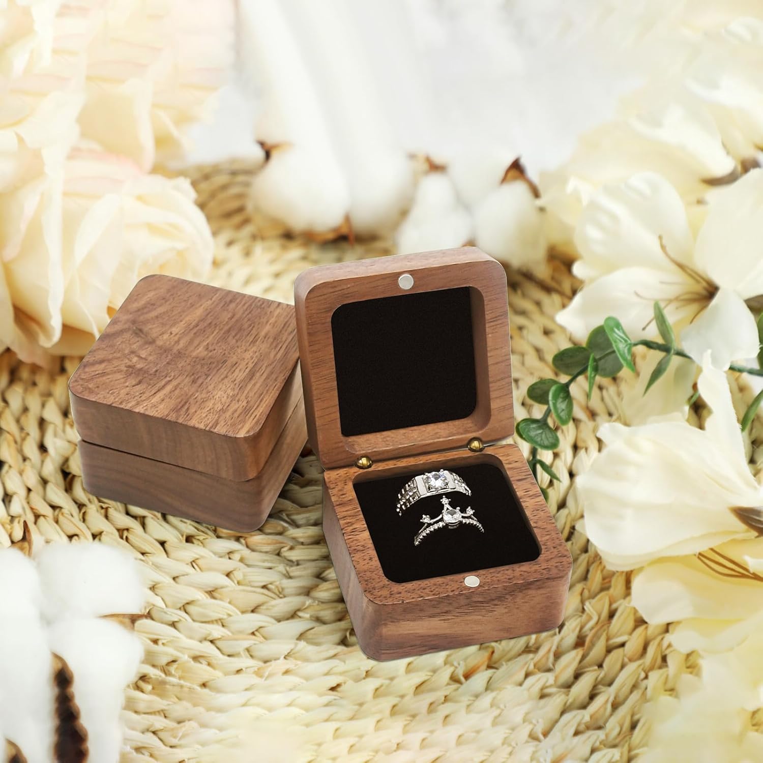 Exquisite Wooden Ring Box with 2 Slots Black