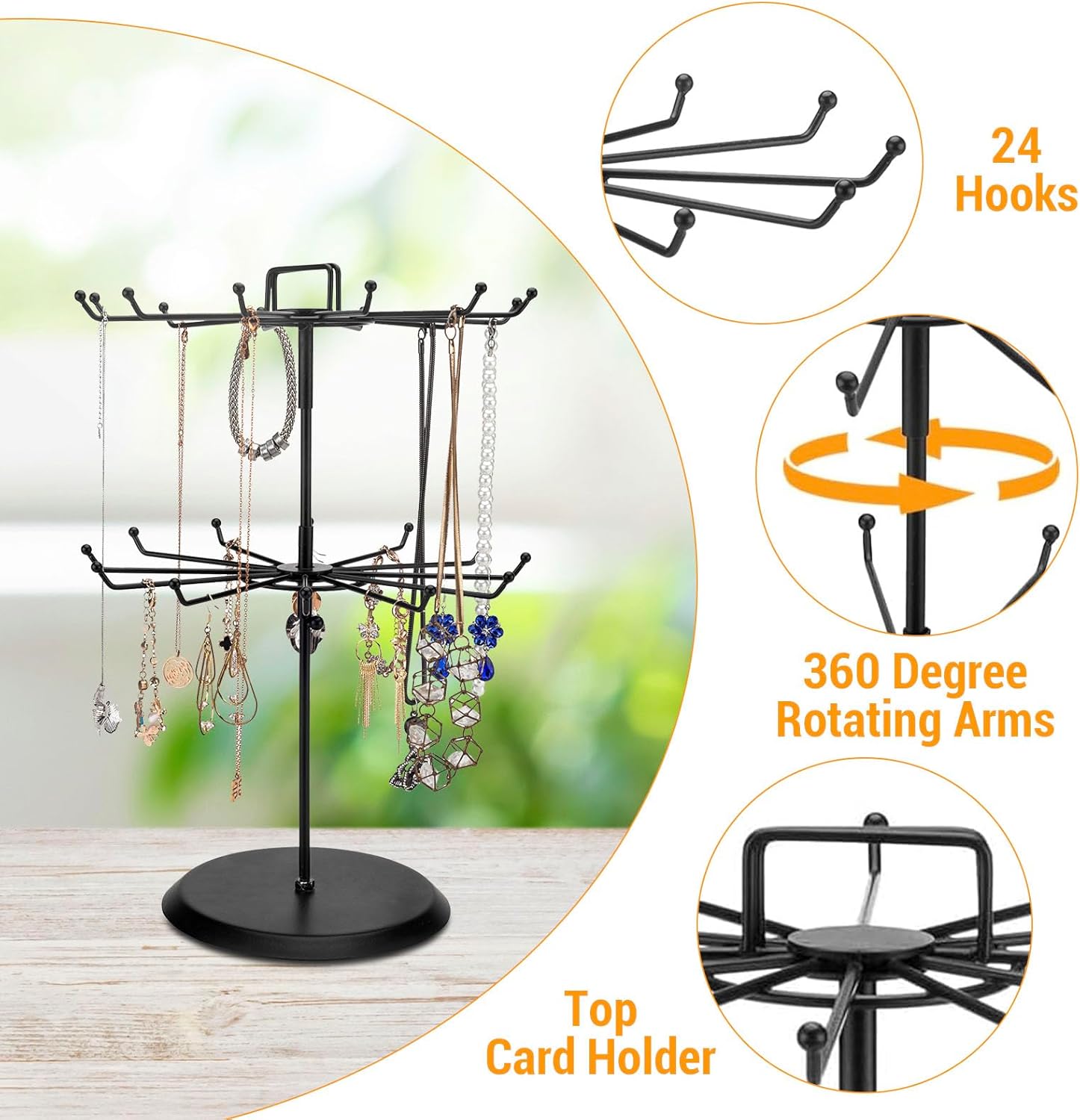 MyGift 2 Tier Rotating Jewelry Stand with 24 Hooks