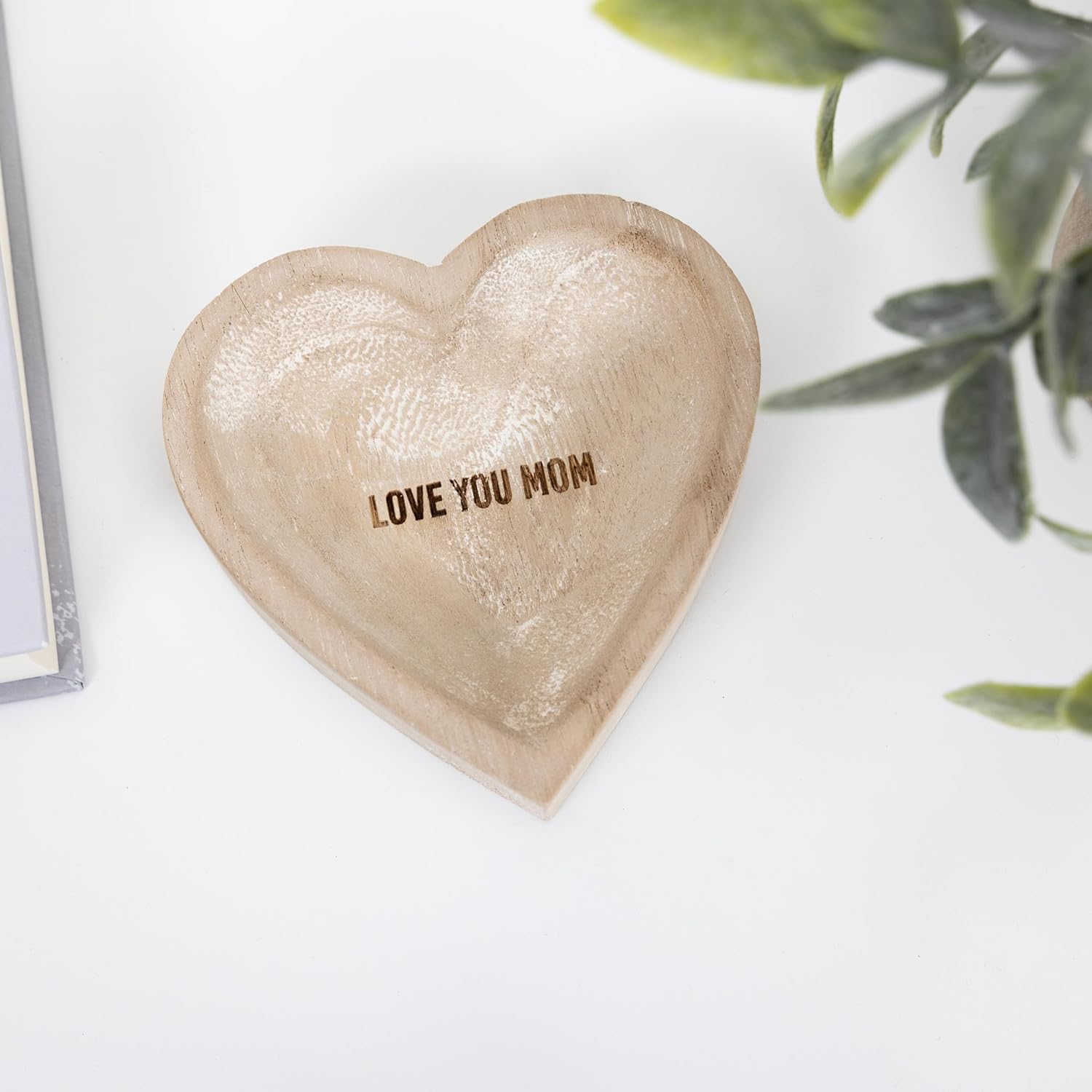 Love You Mom Heart-Shaped Paulownia Wood Keepsake Dish