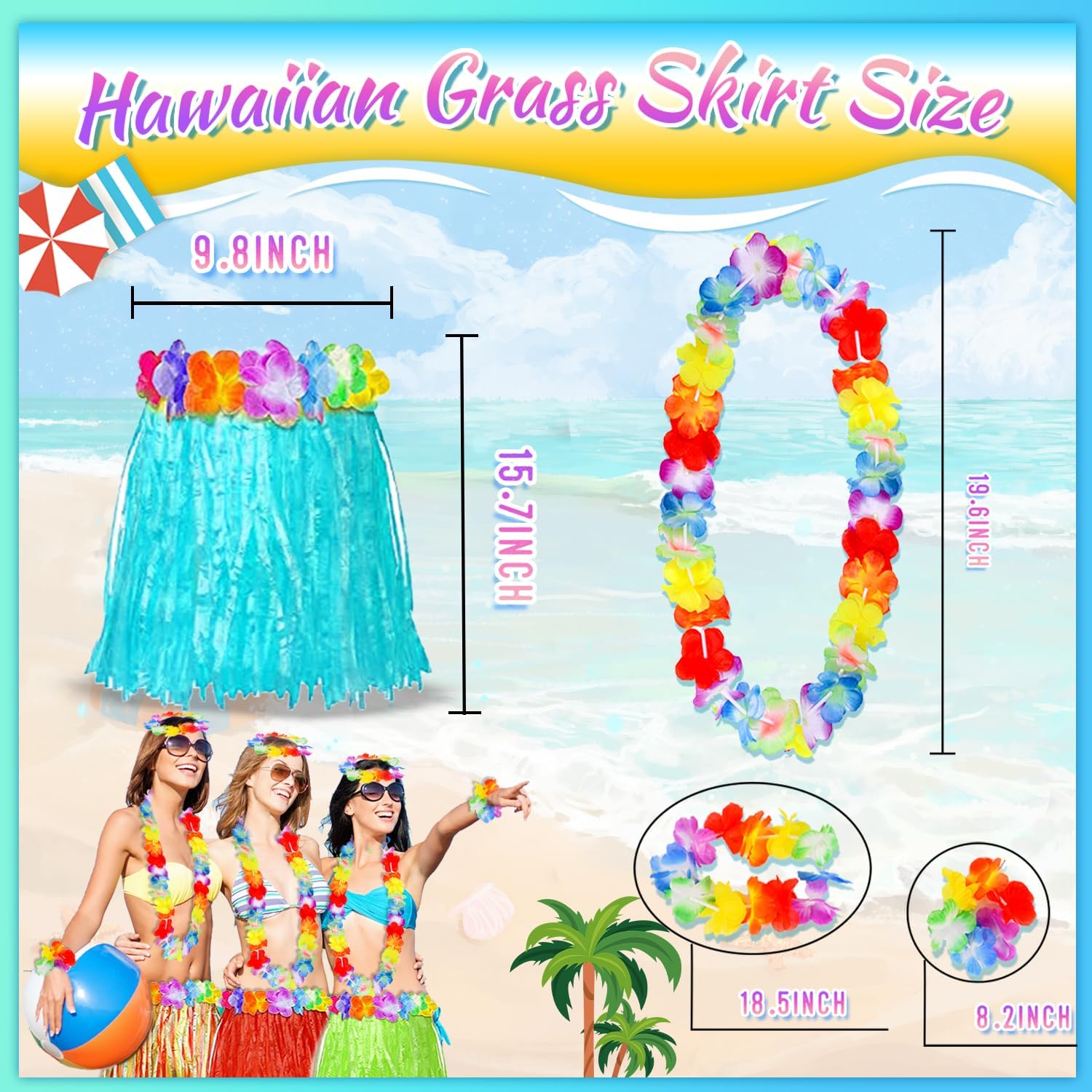 Pistroy 60 Pcs Hawaiian Luau Hula Skirt Decorations Set